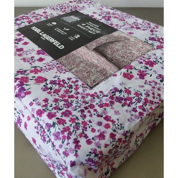 Karl Lagerfeld White Purple Floral TWIN Washed Super Soft 4 Piece Sheet Set - Picture 4 of 9